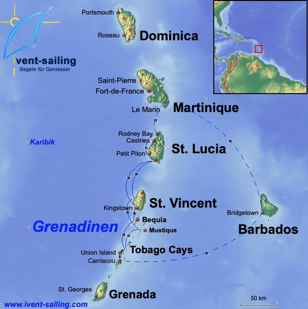 Karte Segelreisen Grenadinen