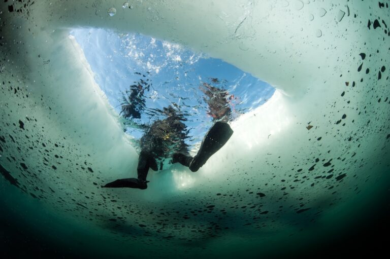 Polar diver beneath the ice - view upwards through the entry hole