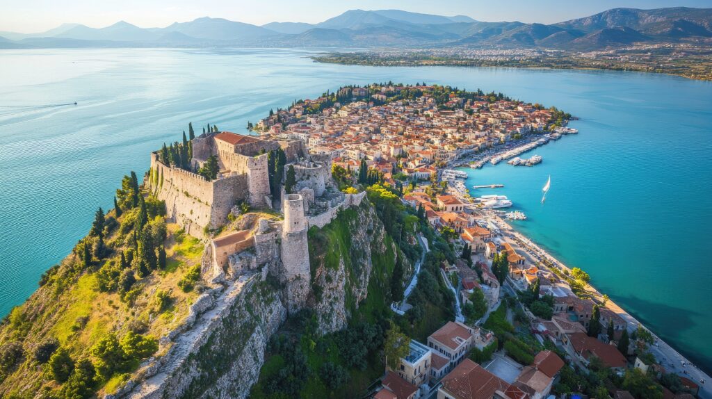 Nafplio mit der venezianischen Festung und dem Hafen aus der Luft