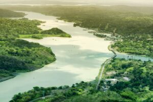 Aerial view of Panama Canal on the Atlantic side