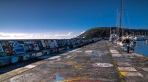 Viewe to Horta pier in harbour. Faial island, Azores, Portugal