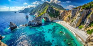 Breathtaking aerial view of Lalaria beach on Skiathos Island, Greece, featuring a stunning natural rock arch and vibrant turquoise waters surrounded by lush green hills.