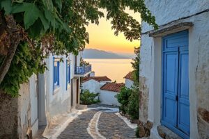 Gasse mit blauer Tür und Meerblick bei Sonnenuntergang