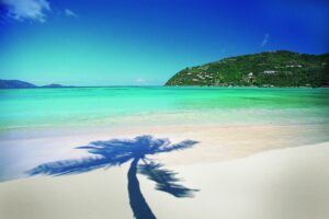Weißer Strand mit dem Schatten einer Palme
