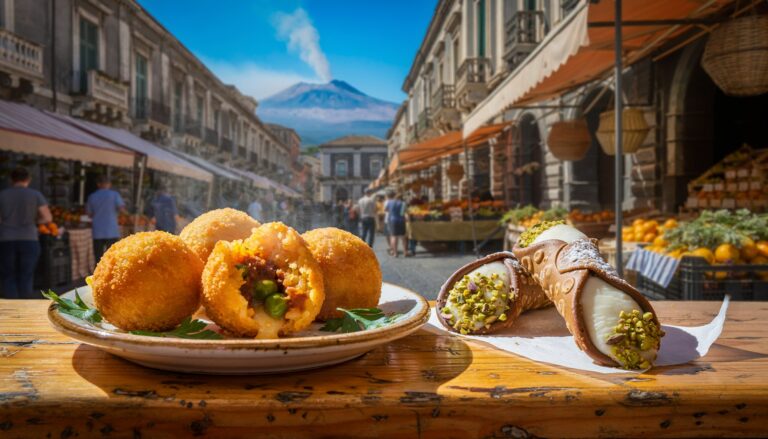 Sizilianische Arancini und Cannoli auf einem Markt in Catania mit dem Ätna im Hintergrund