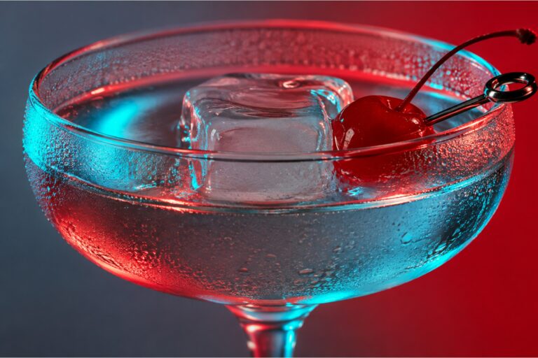 Farbenfroher Cocktail mit Cocktailkirsche als Aperitif