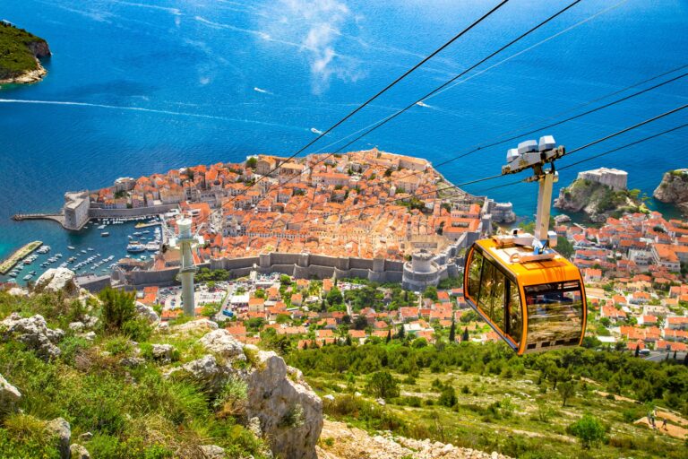 Blick vom Berg Srđ auf die Altstadt von Dubrovnik mit der Seilbahn-Kabine
