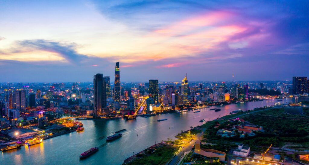 Ho Chi Minh City - skyline along the Saigon River at dusk