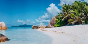 Anse Source d'Argent auf La Digue mit Granitfelsen, Seychellen