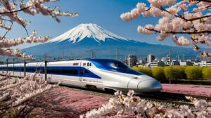 Shinkansen-Hochgeschwindigkeitszug vor bluehenden Kirschbaeumen mit Mount Fuji, Japan